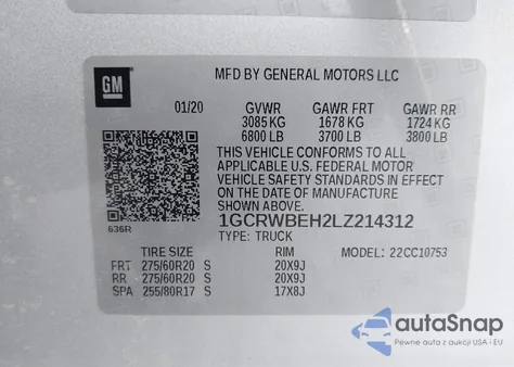 2020 Chevrolet Silverado 1500 2Wd Standard Bed Custom z USA, uszkodzony, nr VIN 1GCRWBEH2LZ214312